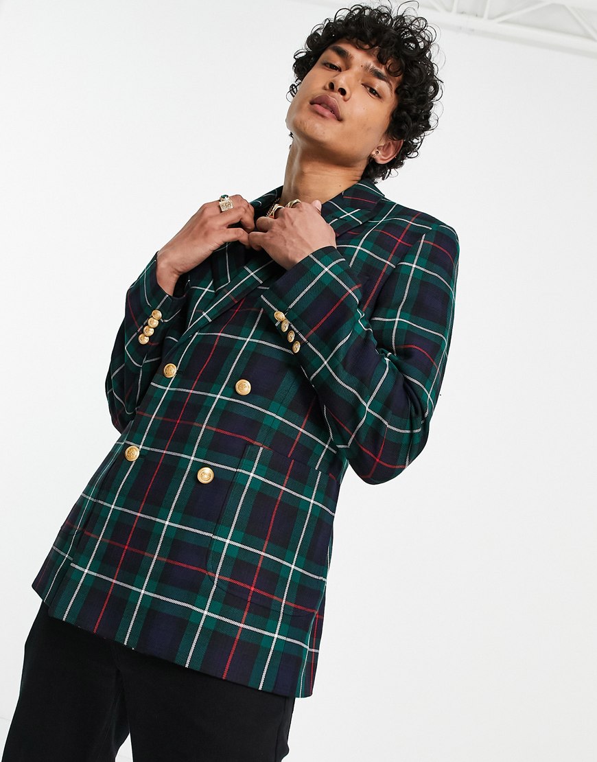 ASOS DESIGN slim double breasted blazer with tartan check gold buttons in green