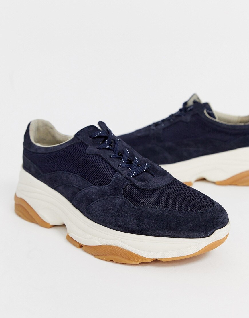 A picture of a pair of chunky navy suede trainers by ASOS WHITE, available at ASOS.