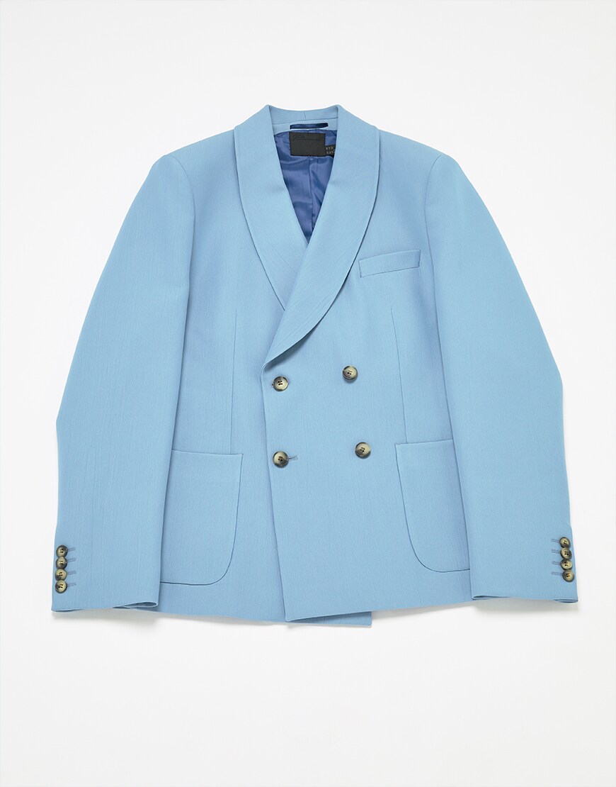 A picture of a double-breasted blue blazer. Available at ASOS.