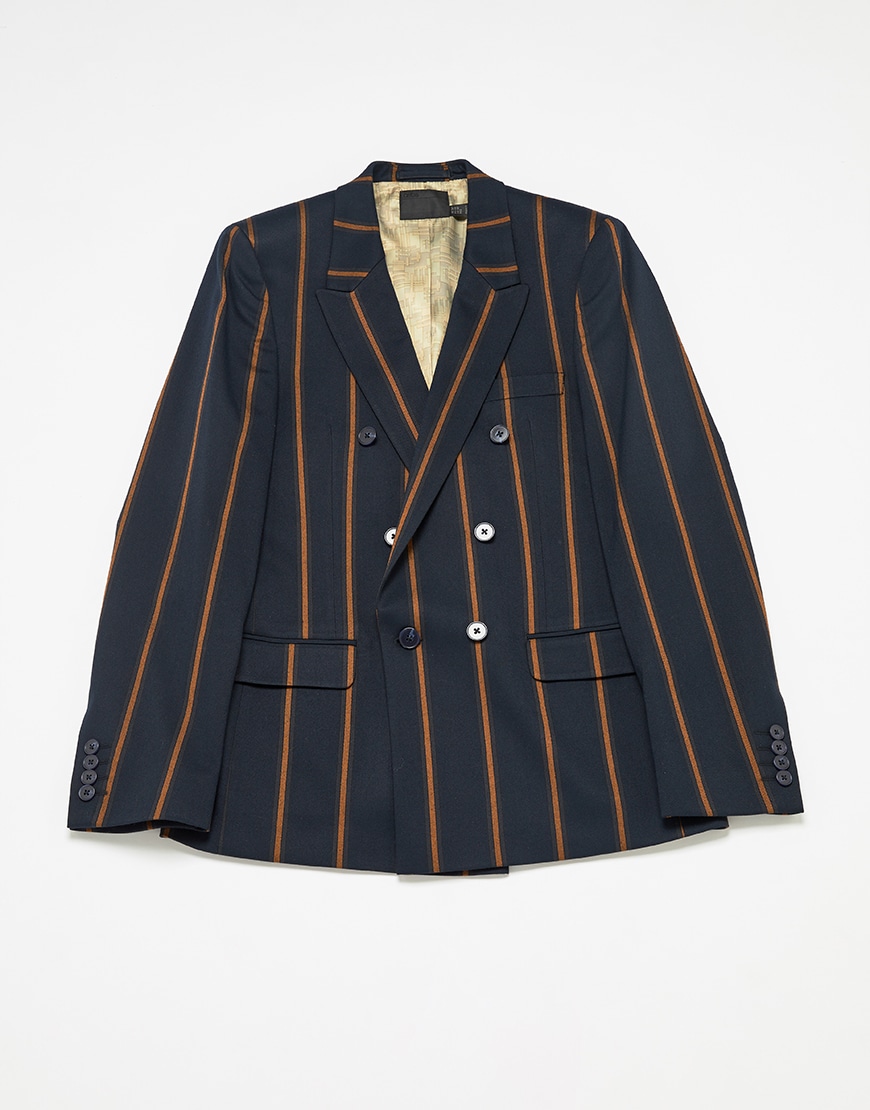A picture of a navy and orange striped blazer. Available at ASOS.