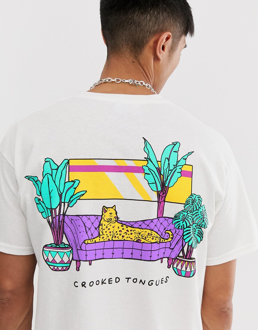 Crooked Tongues - T-shirt oversize unisexe à logo à imprimé tigre au dos - Blanc 34,99 €