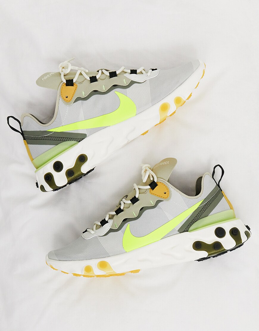 Nike React Element 55 trainers in grey and green | ASOS Style Feed