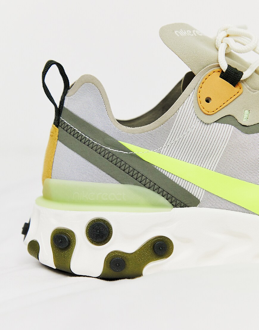 Nike React Element 55 trainers in grey and green | ASOS Style Feed
