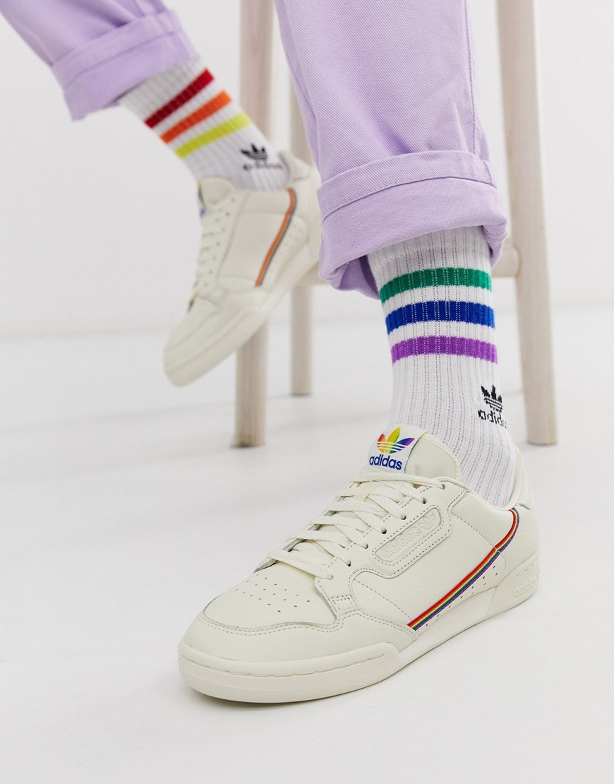 A picture of a model wearing a pair of adidas Originals Continental 80s trainers. Available at ASOS.