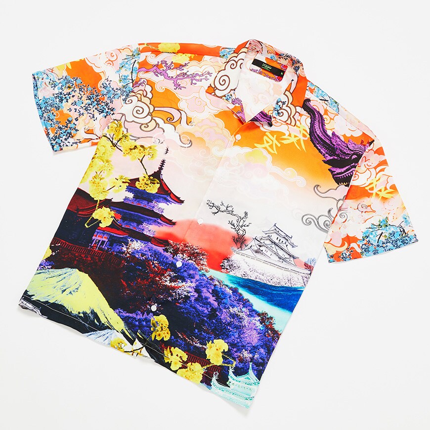A picture of a revere-collar shirt featuring an oriental-style print. Available at ASOS.