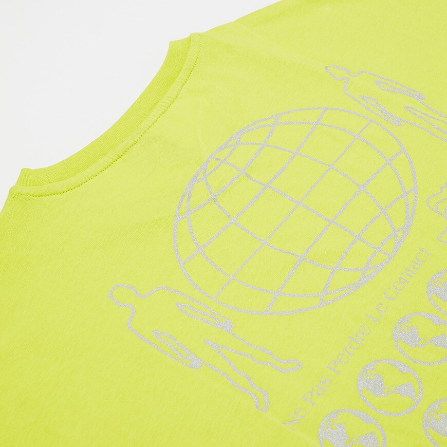 A picture of a neon T-shirt with a reflective front and back print. Available at ASOS.