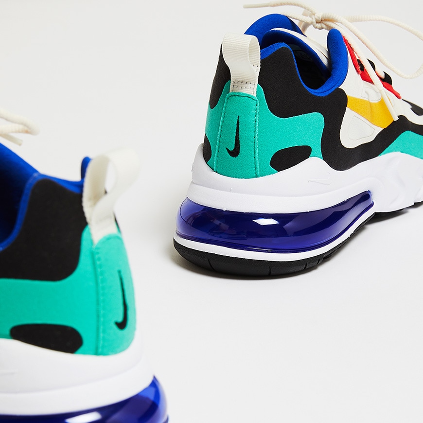 A picture of a pair of Nike Air Max 270 React, Bauhaus. Available at ASOS.