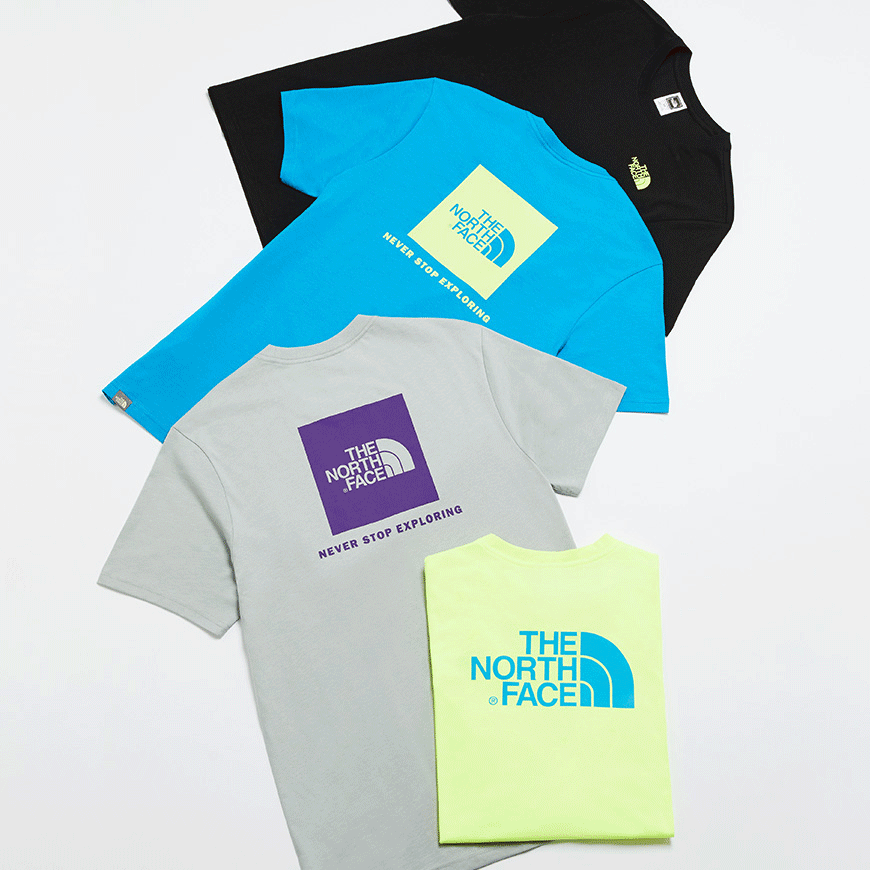 A moving gif of The North Face T-shirts and fleeces. Available at ASOS.