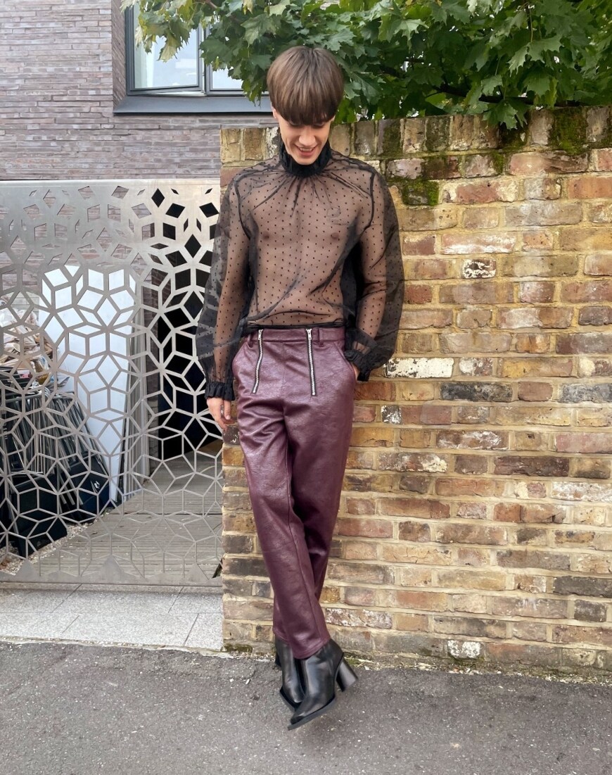 @harotana in a black mesh shirt and burgundy leather-look trousers | ASOS Style Feed