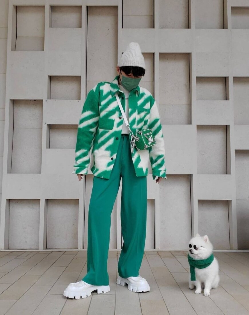 @milkx.x.x wearing a green and white houndstooth shacket with matching trousers, beside a dog in a green scarf  | ASOS Style Feed