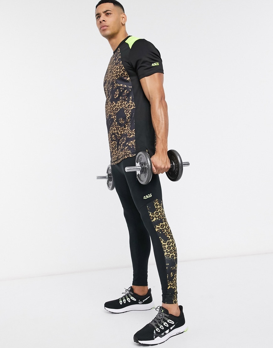 A picture of a model wearing an ASOS 4505 T-shirt and leggings with animal print details
