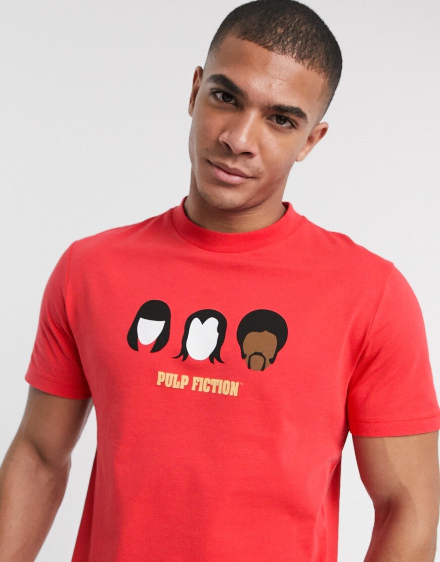 man in red pulp fiction t-shirt