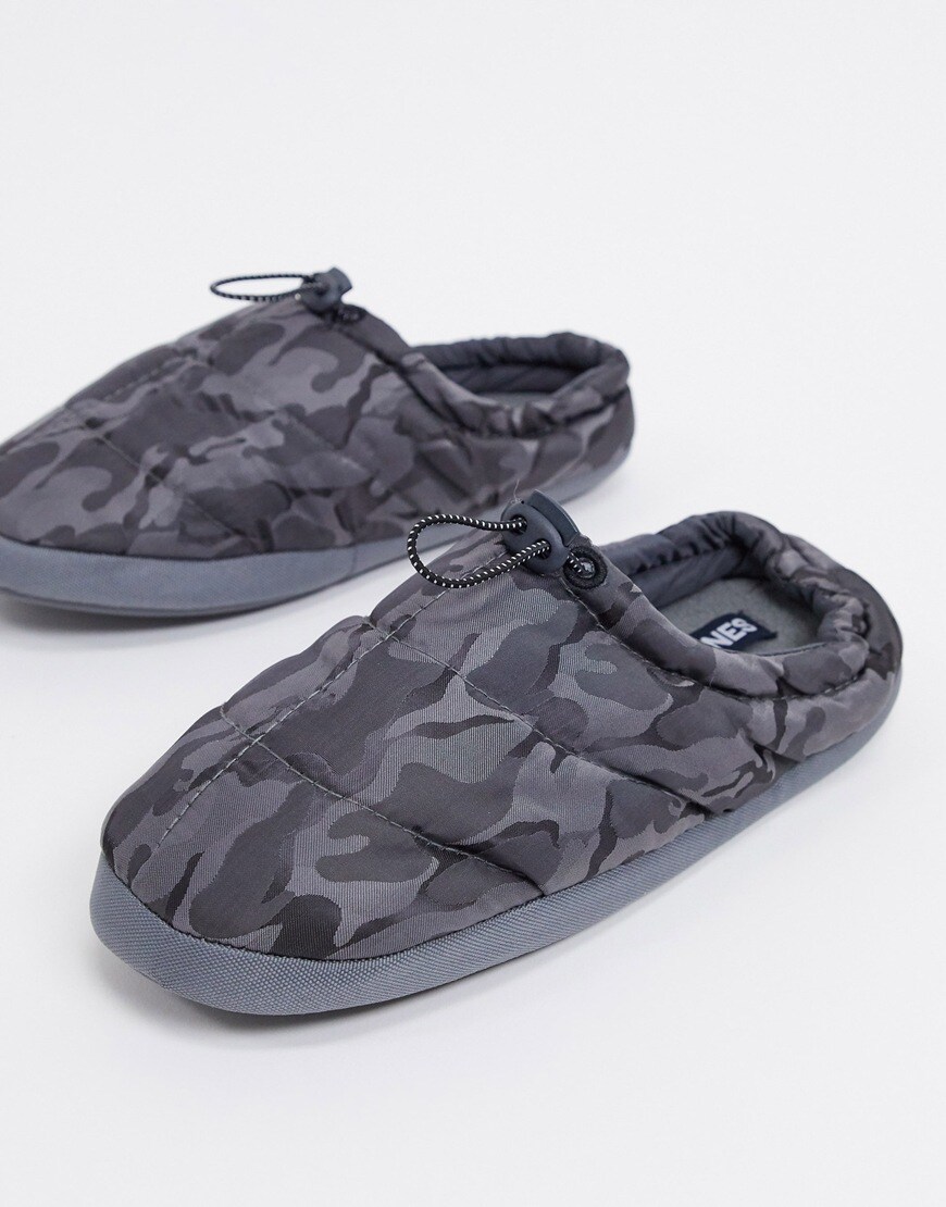 A picture of a pair of navy quilted slippers with toggle details by Jack & Jones. Available at ASOS.