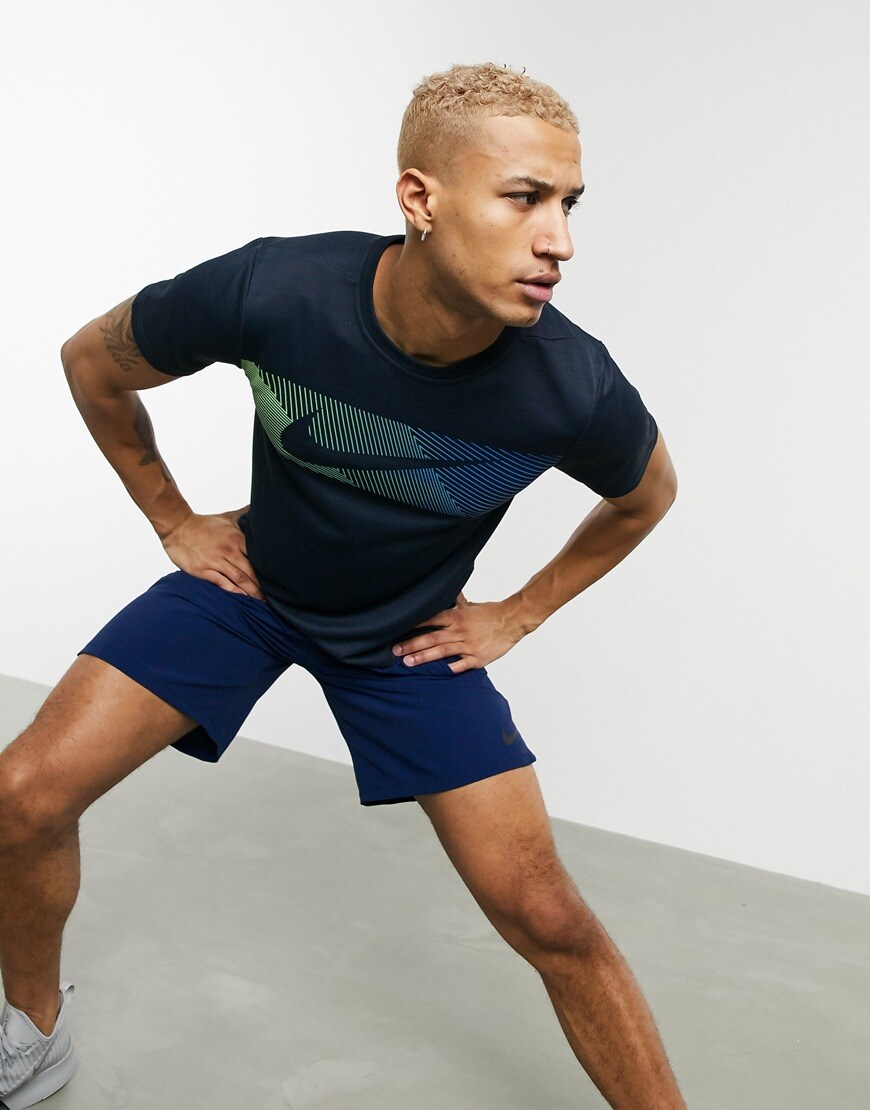 A picture of a model exercising wearing a Nike logo T-shirt and shorts by Nike Training. Available at ASOS.