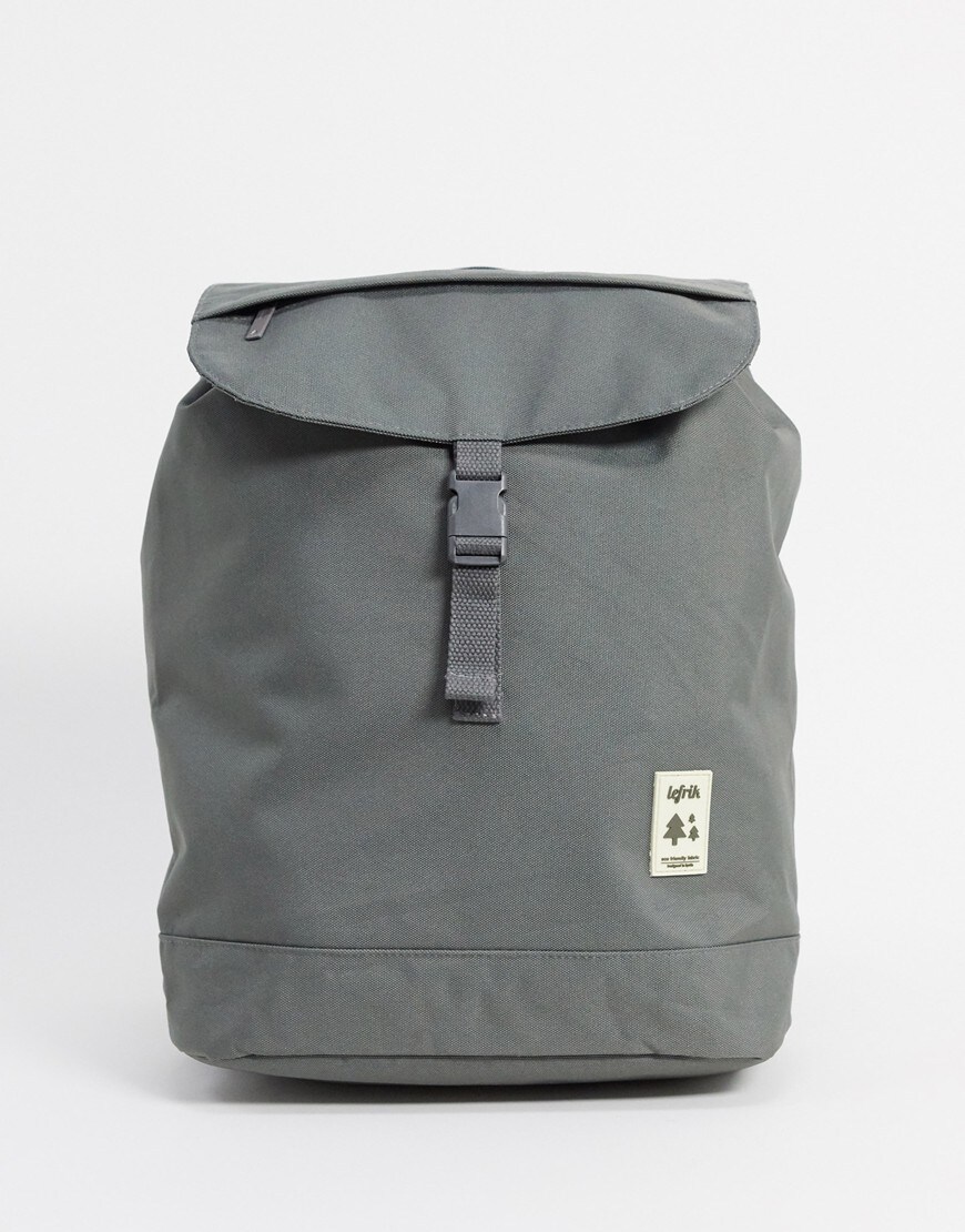 A picture of a grey canvas backpack by LeFrik made from recycled materials. Part of the ASOS Responsible Edit and available now.