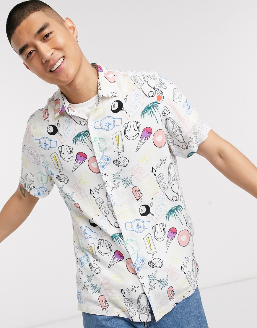 A picture of a model wearing a doodle print shirt by ASOS Design. Available at ASOS.