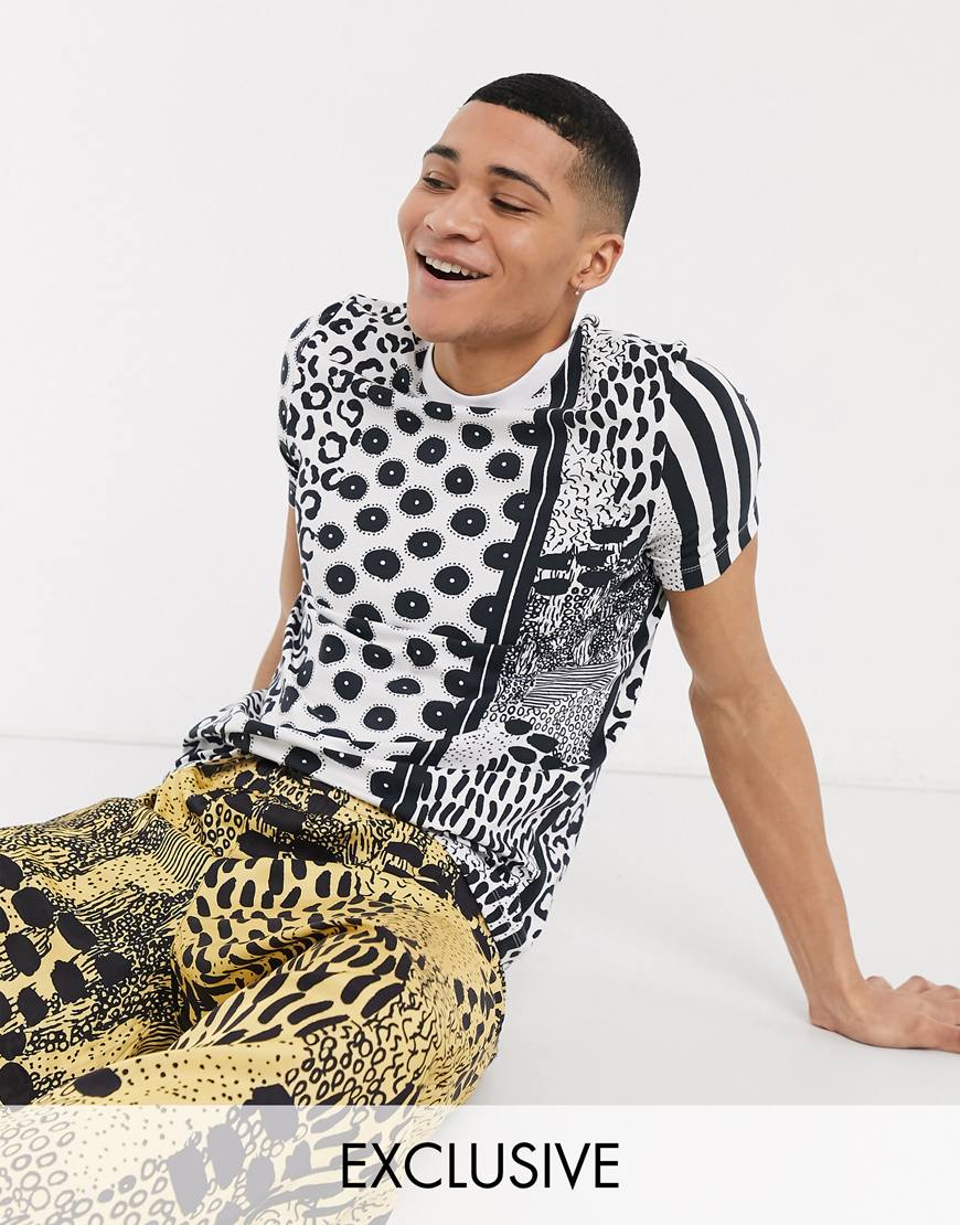 A picture of a model wearing a mixed animal print T-shirt from ASOS' brand-new Made In Kenya collection. Available now.