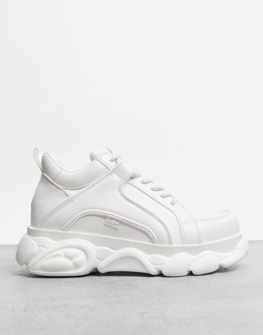A picture of Buffalo Cloud chunky trainers in a triple-white colourway. Available at ASOS