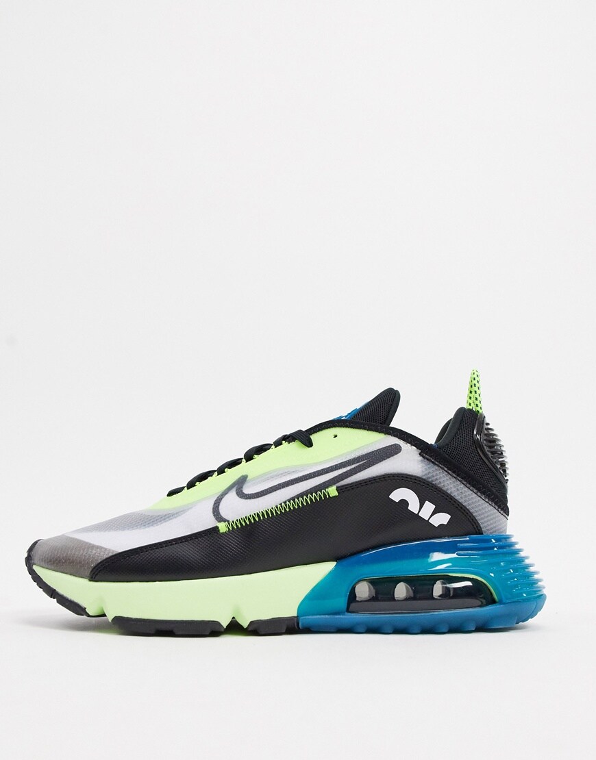 Nike Air Max 2090 trainers in black and white with bright green and blue highlights. Available at ASOS.