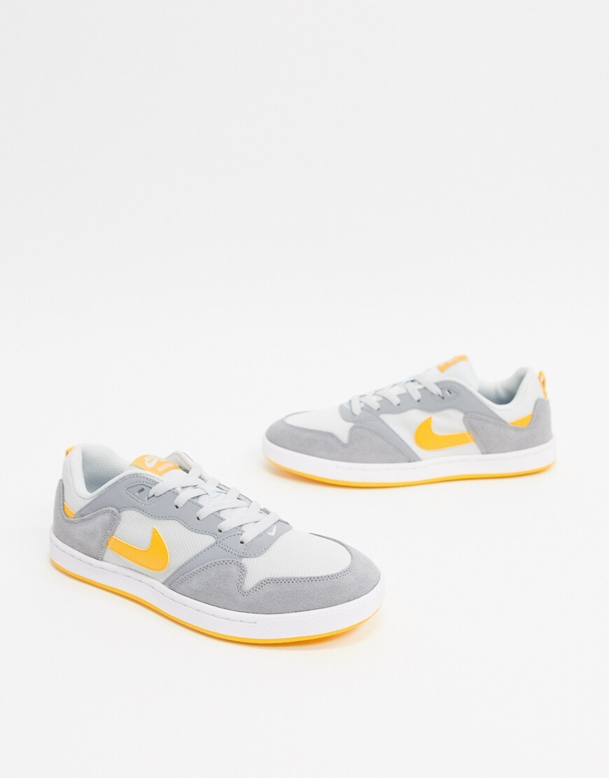 Nike SB Alleyoop sneakers in gray and white with a yellow Swoosh and sole details. Very nice. Available at ASOS.
