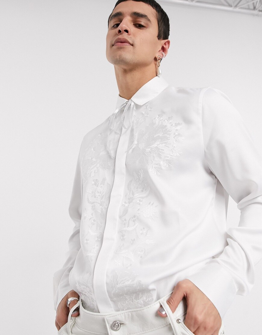 ASOS DESIGN regular satin shirt in off white with embroidered front panel detail | ASOS Style Feed