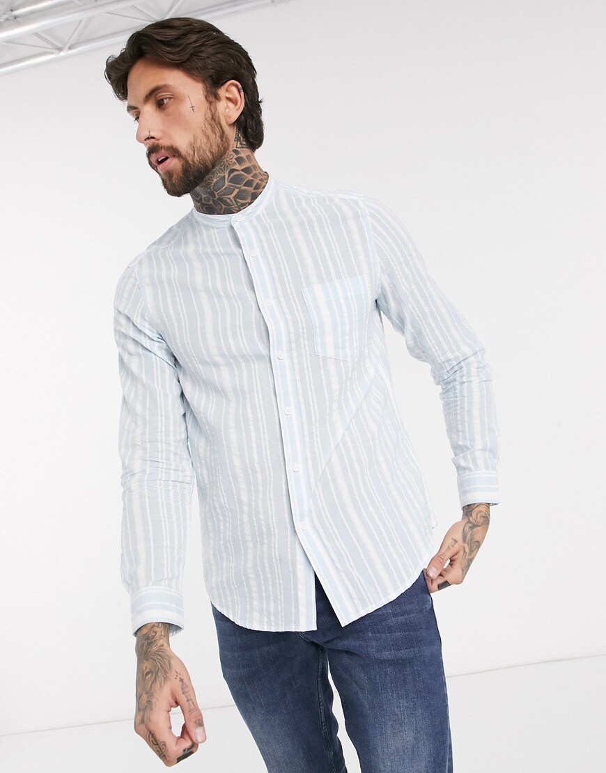 ASOS DESIGN regular fit shirt with grandad collar in seersucker texture stripe, £28