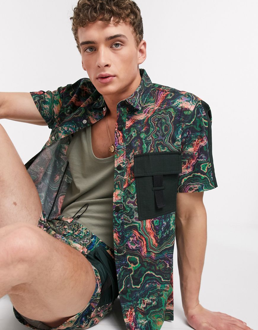 ASOS DESIGN Co-ord regular fit shirt in green marble print with contrast pocket | ASOS Style Feed