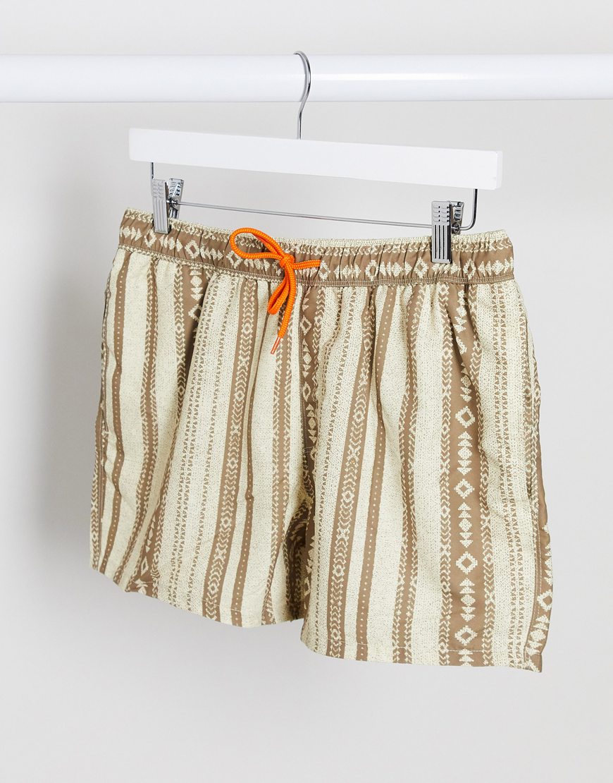 A picture of swim shorts in aztec print beige and brown by ASOS DESIGN | ASOS STYLE FEED