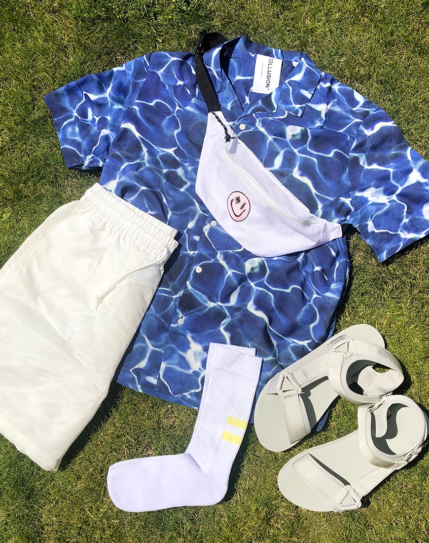 A picture of a pool-print shirt, bum bag and shorts from cult brand COLLUSION. Available at ASOS | ASOS Style Feed