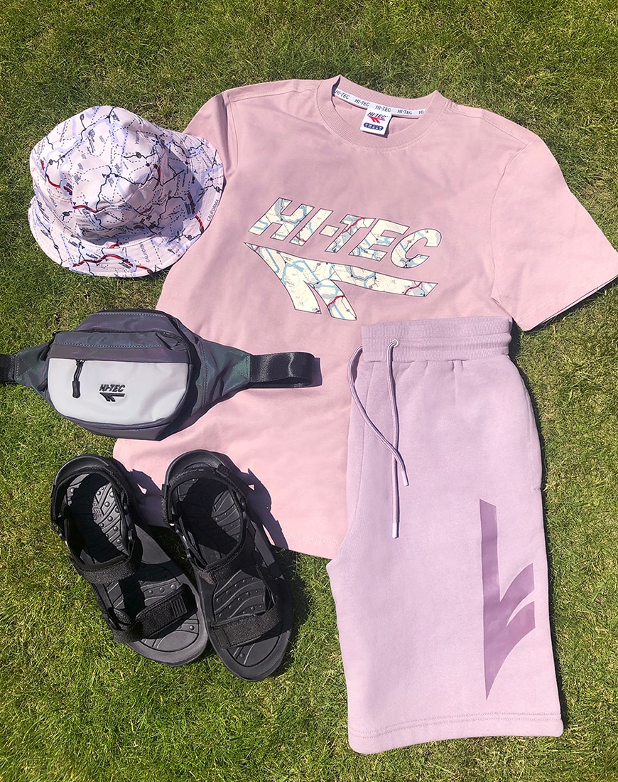 A picture of a logo T-shirt and shorts by Hi-Tec with a matching bucket hat, bum bag and chunky sandals. Available at ASOS | ASOS Style Feed