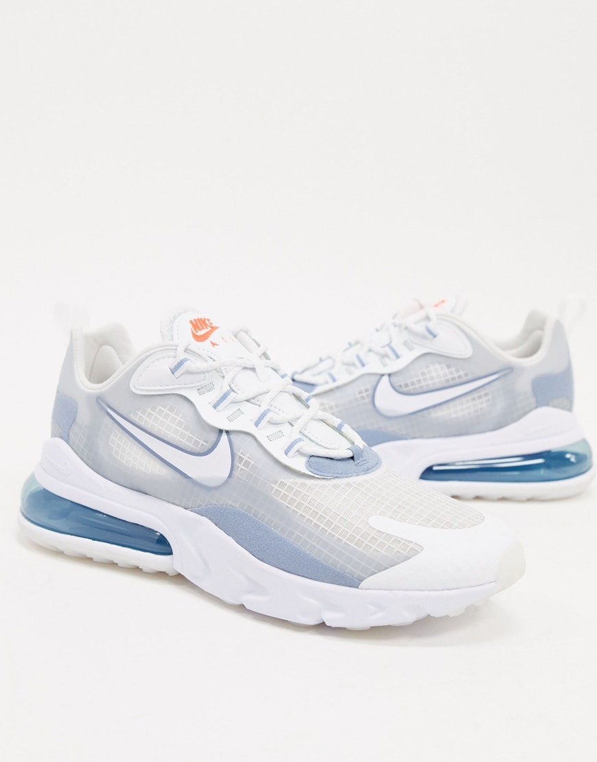 A picture of a pair of Nike Air Max React 270 sneakers in a white, gray and blue colourway. Available at ASOS | ASOS Style Feed