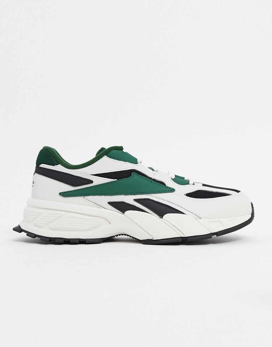 A picture of a pair of Reebok EVZN trainers in a chalk, green and black colourway. Available at ASOS | ASOS Style Feed