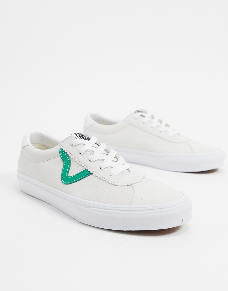 A picture of a pair of beige Vans Sport Trainers with a green Old School logo. Available at ASOS | ASOS Style Feed