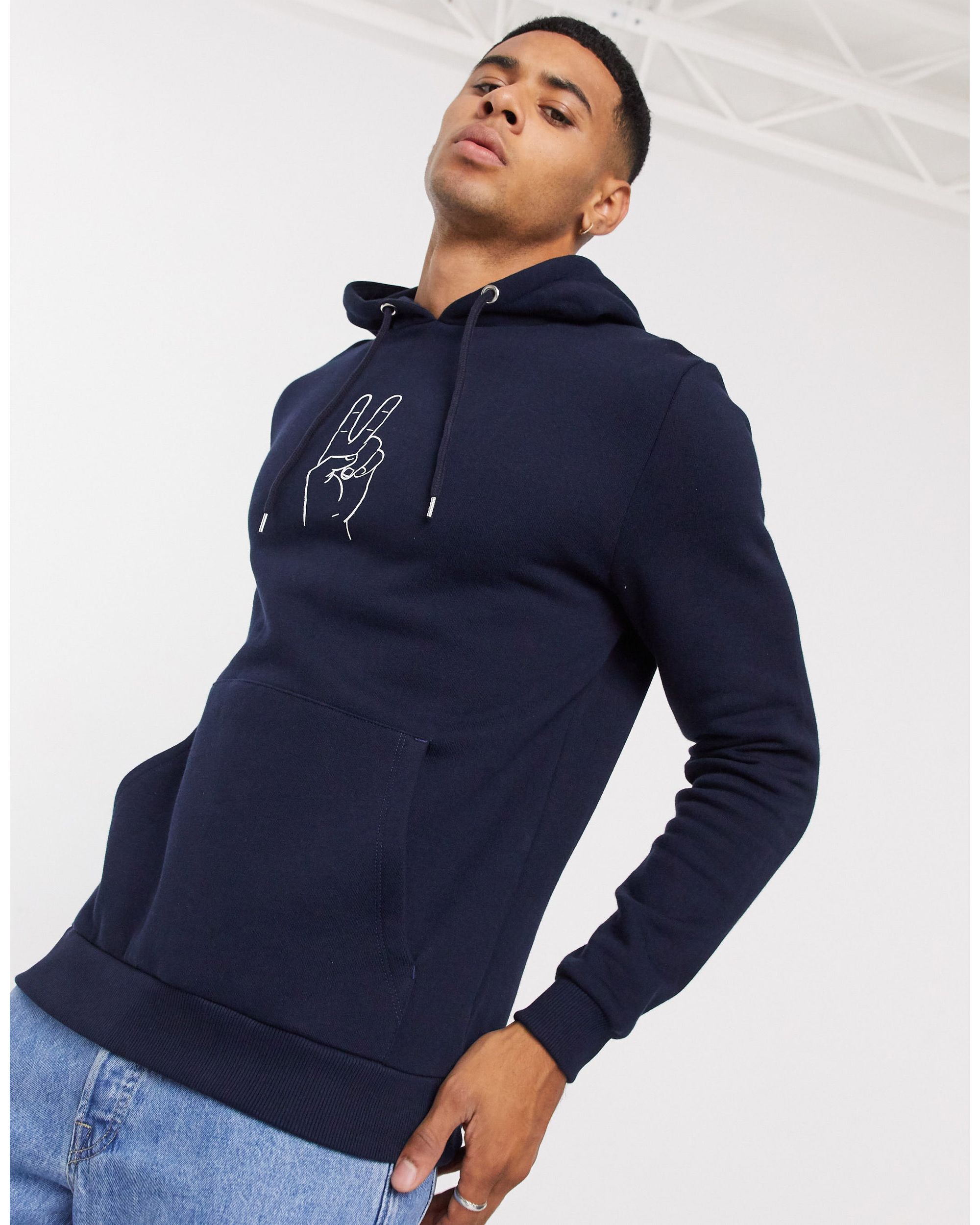 ASOS DESIGN hoodie with peace hand print in navy