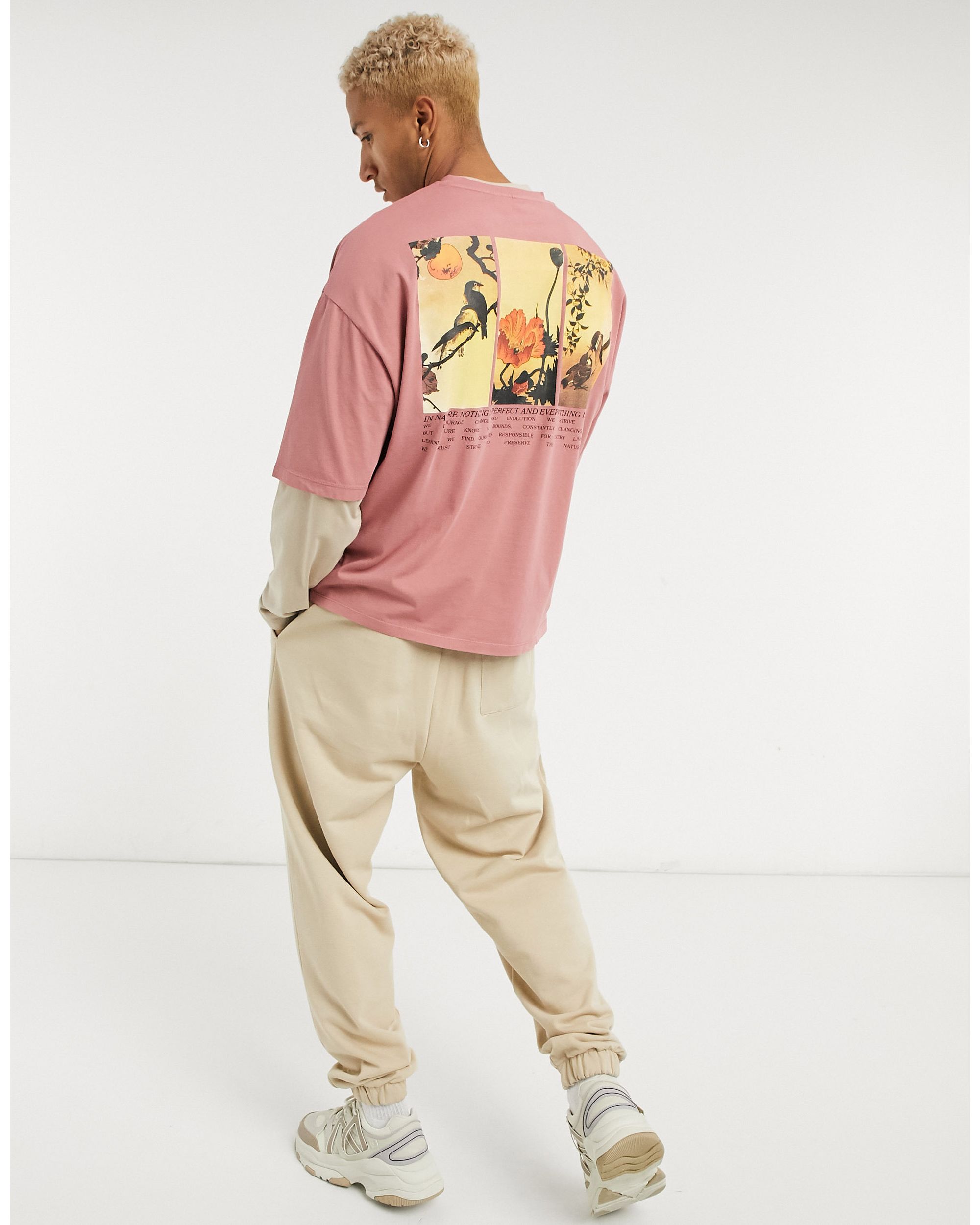 ASOS DESIGN oversized t-shirt with back box artistic print in beige in acid wash