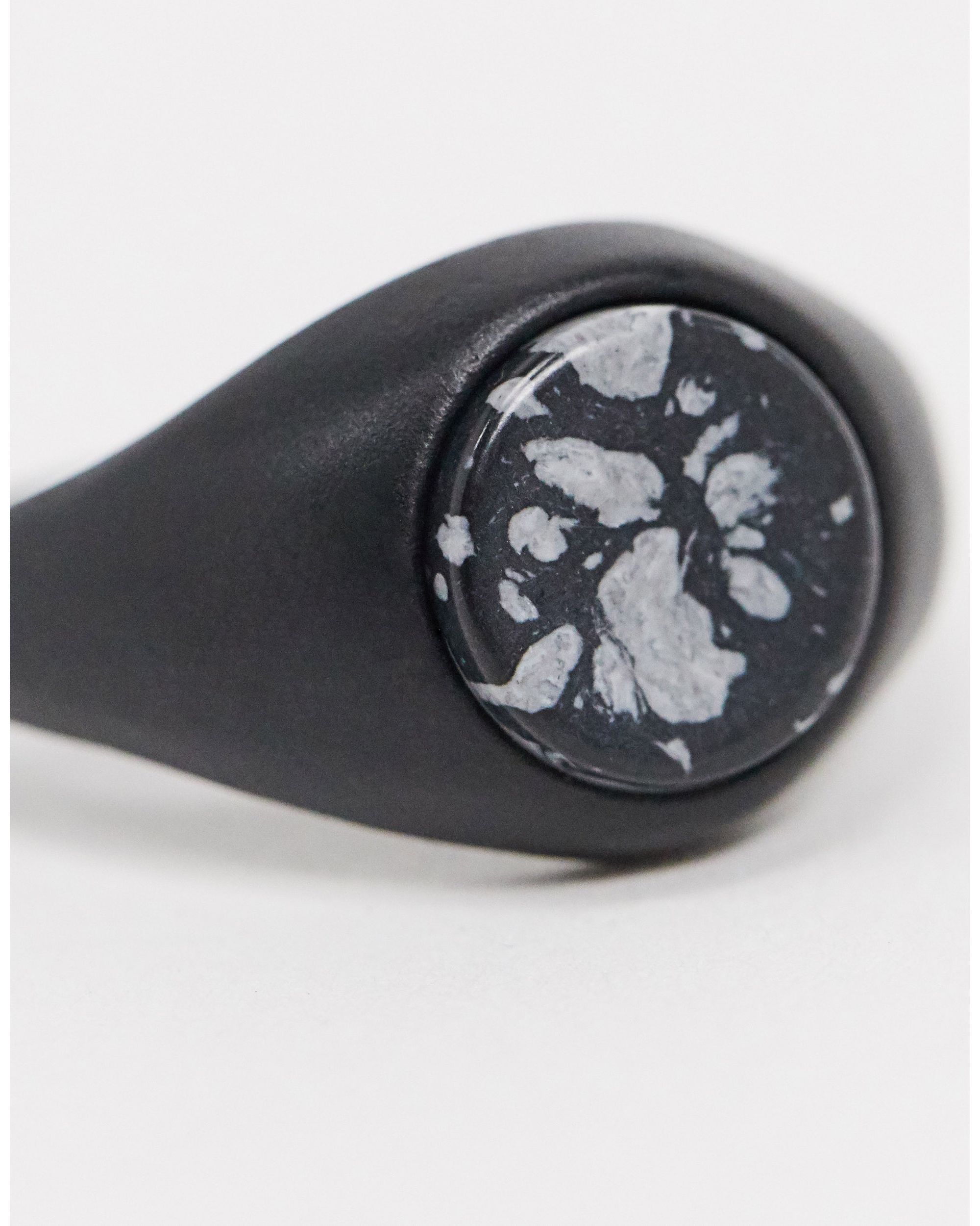 ASOS DESIGN signet ring with snowflake obsidian stone in matte black 