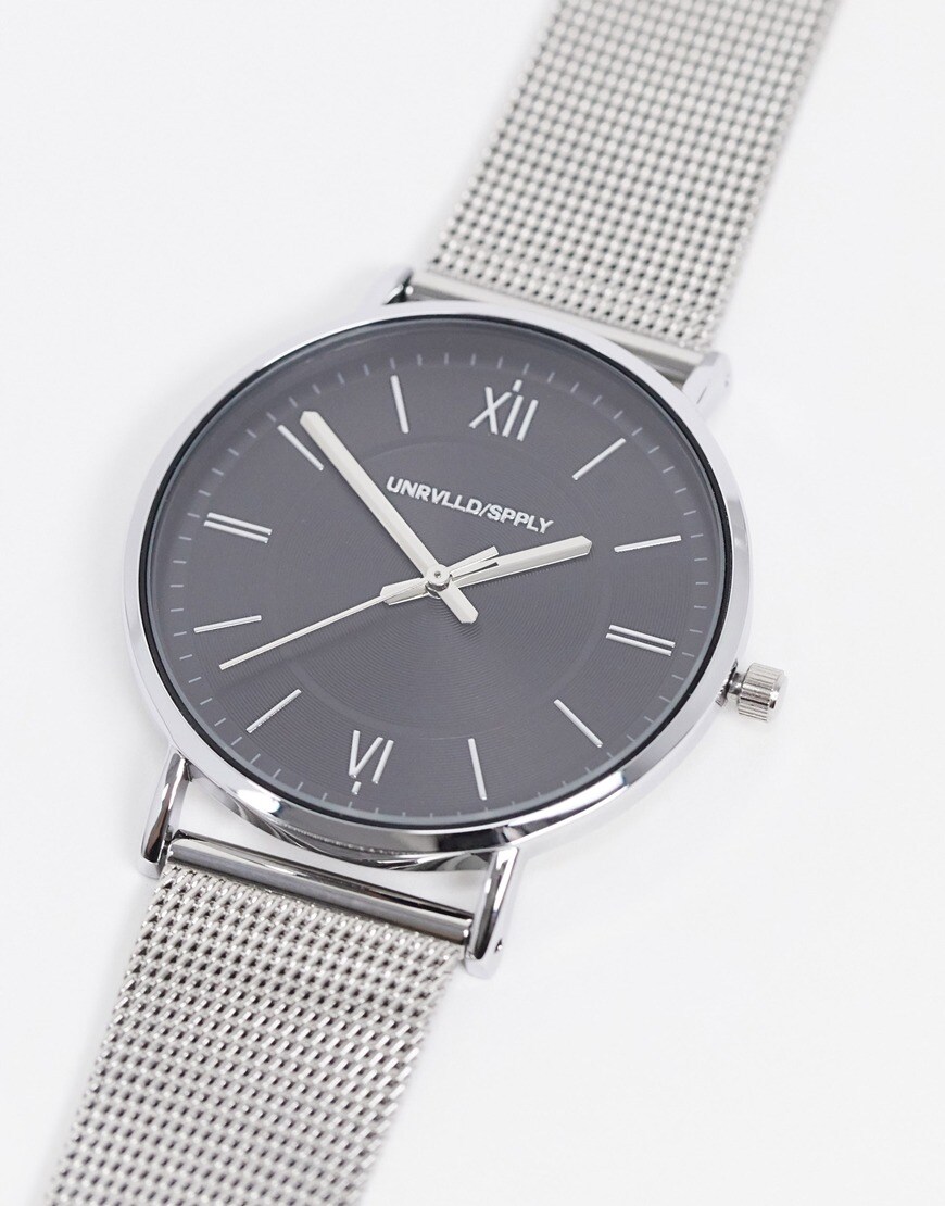 ASOS DESIGN mesh watch in silver tone