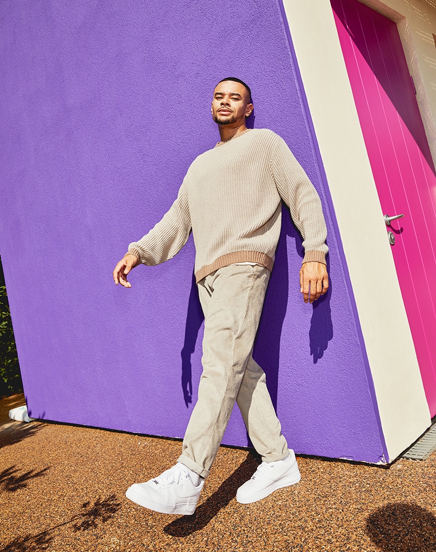 A picture of TV star Wes Nelson beige jumper and cord trousers by ASOS DESIGN and part of the new ASOS DESIGN Must-Haves collection | ASOS Style Feed