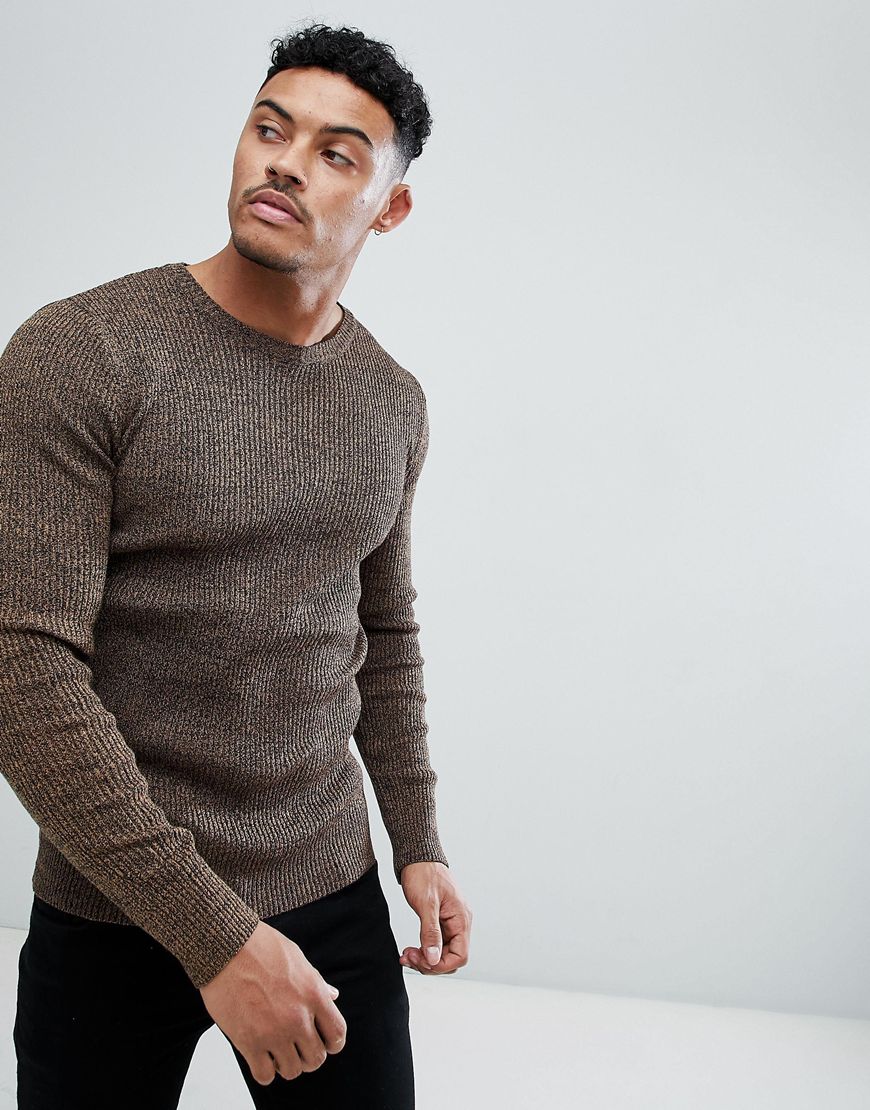 ASOS DESIGN muscle fit ribbed sweater in tan twist | ASOS Style Feed