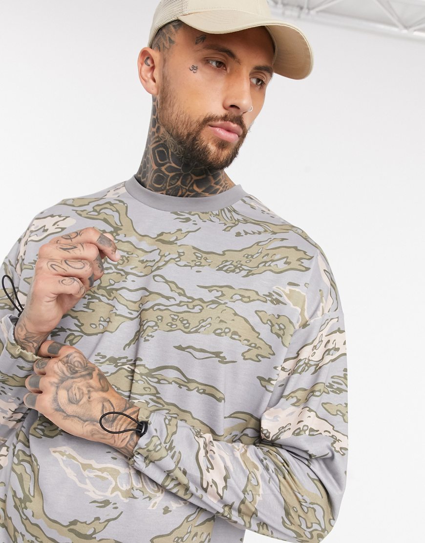An image of a man wearing a long-sleeve camo-print T-shirt | ASOS Style Feed