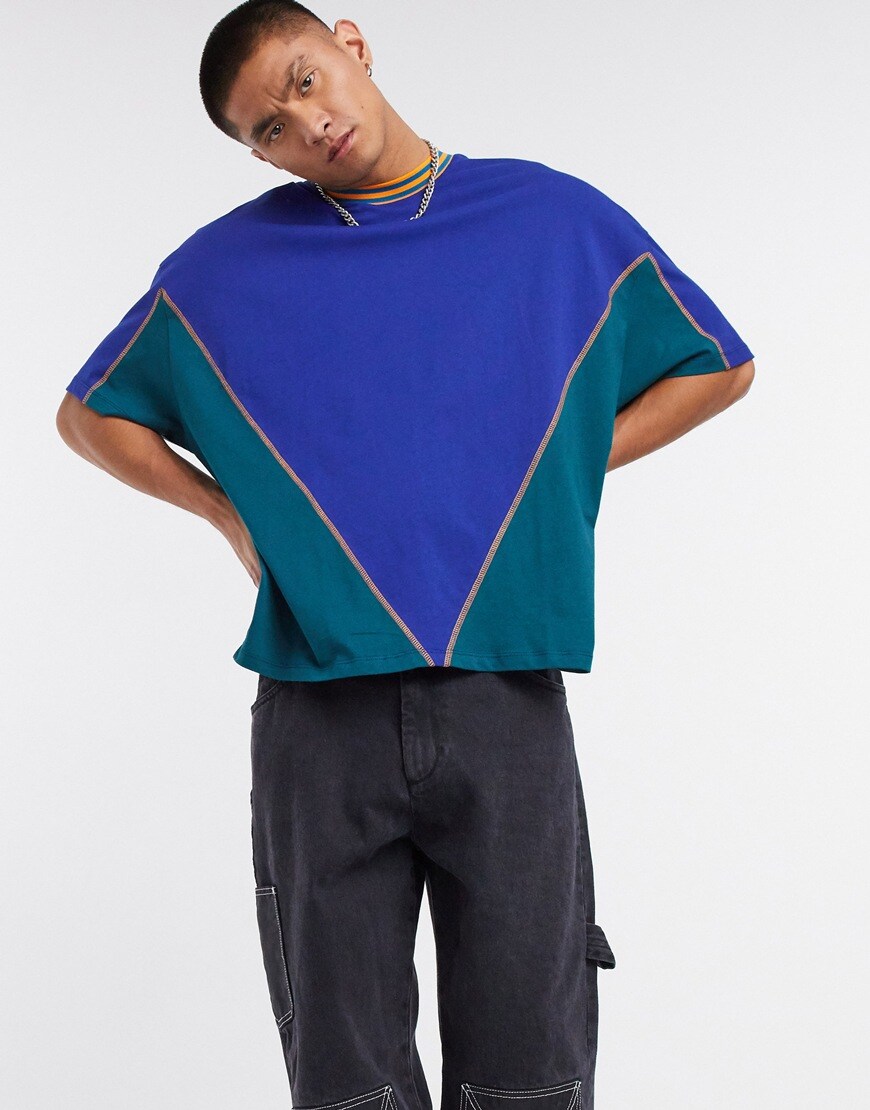 An image of a man wearing a colour-block T-shirt by ASOS Design | ASOS Style Feed
