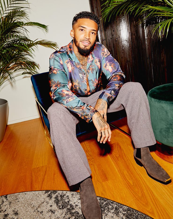 Michael Griffiths in teal ASOS DESIGN satin shirt and wide-leg trousers | ASOS Style Feed
