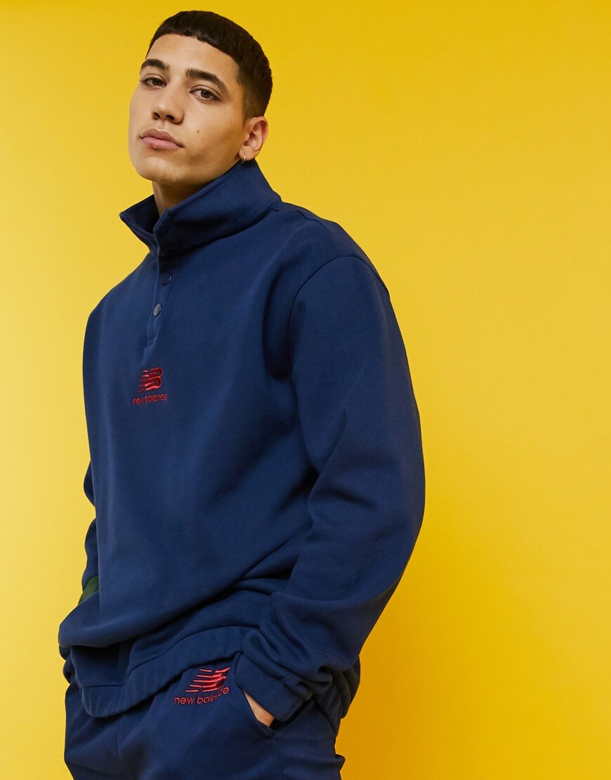 New Balance logo button down sweatshirt in navy- exclusive to ASOS | ASOS Style Feed