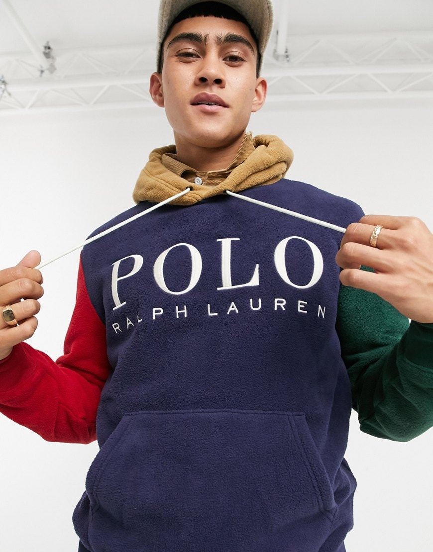 Polo Ralph Lauren x ASOS exclusive collab polar fleece hoodie in navy colour block with chest logo | ASOS Style Feed