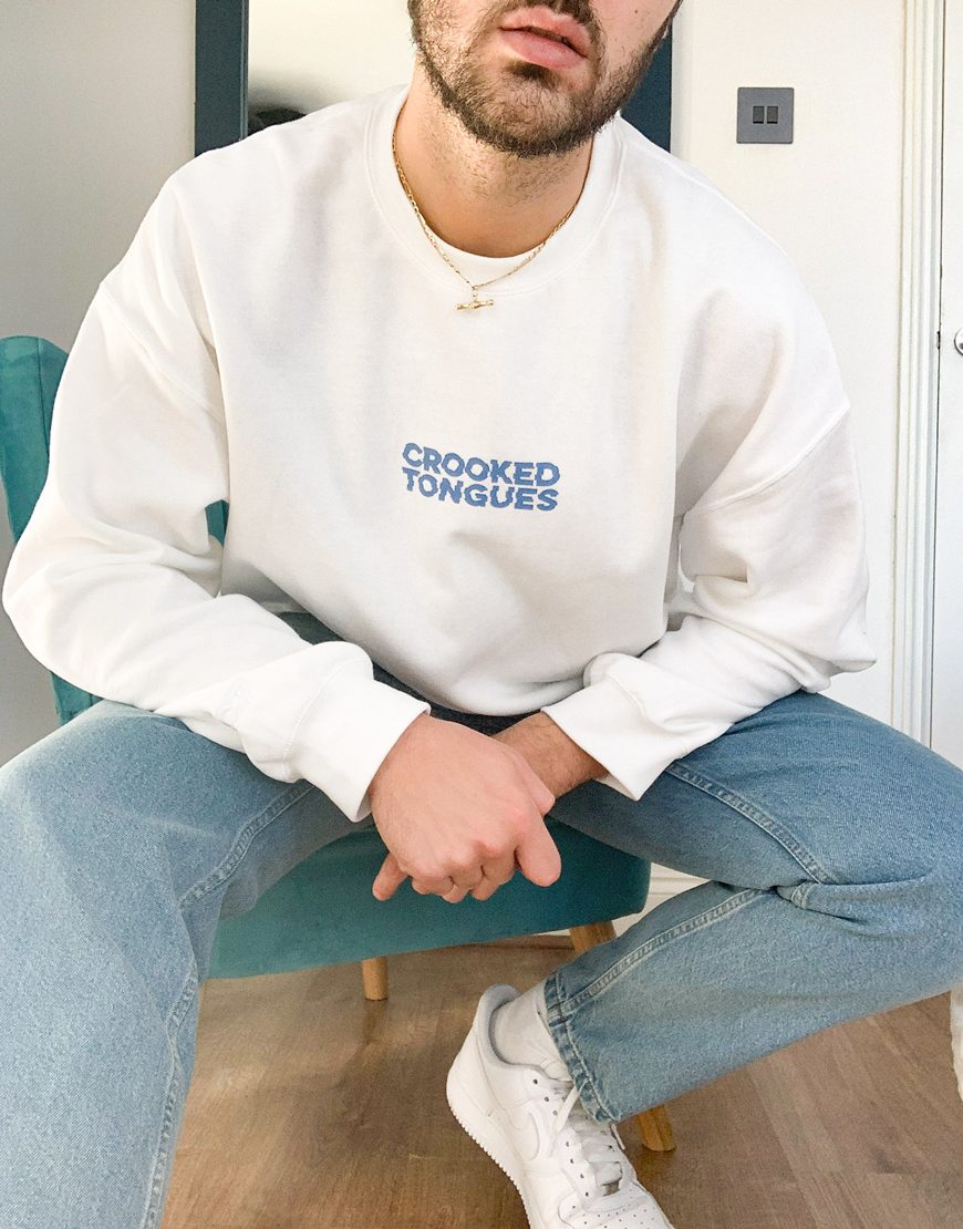 Crooked Tongues oversized sweatshirt in white with blue logo print | ASOS Style Feed