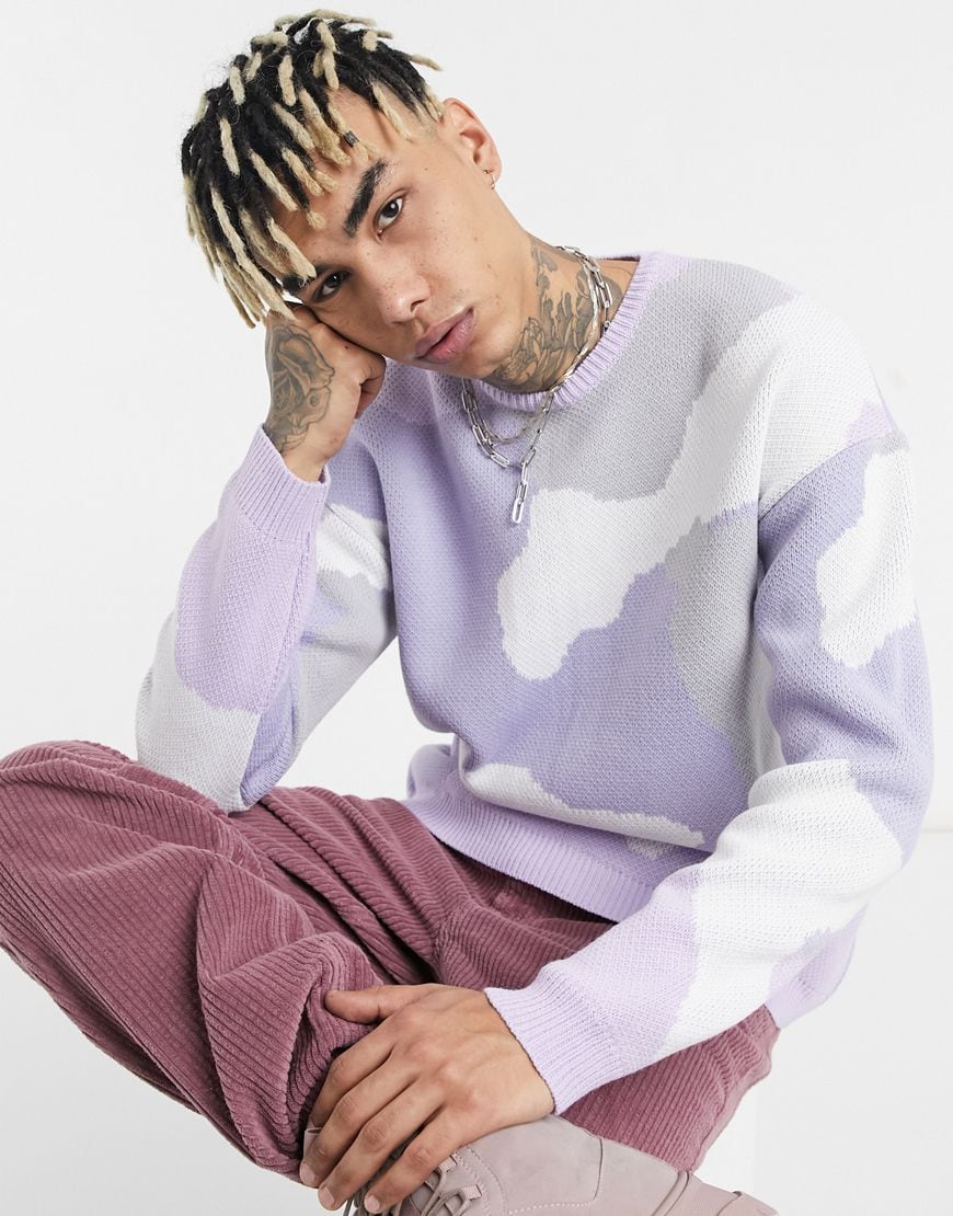 A picture of a male model wearing a pastel-coloured camouflage-design jumper. Available at ASOS | ASOS Style Feed