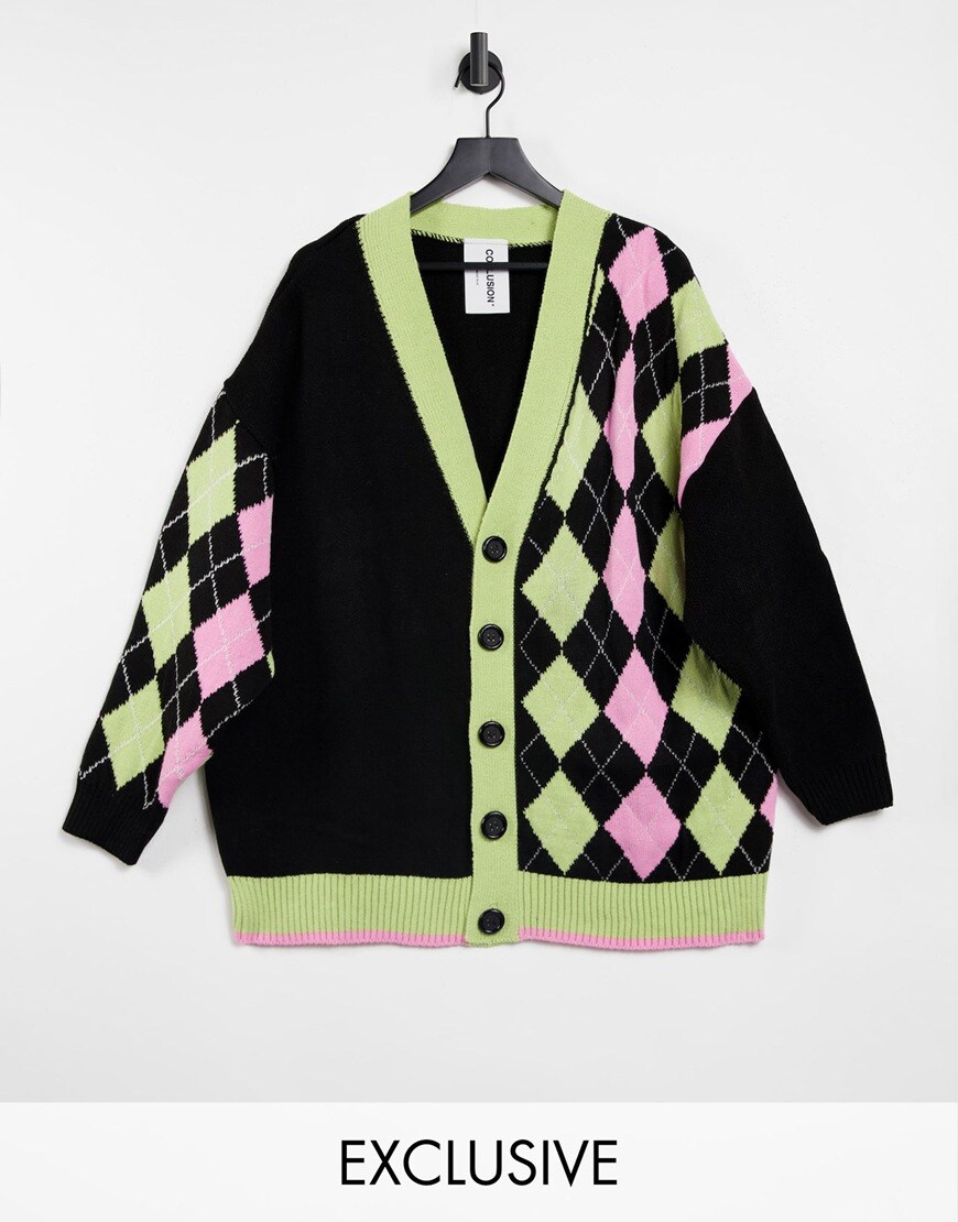 COLLUSION Unisex spliced argyle cardigan available at ASOS