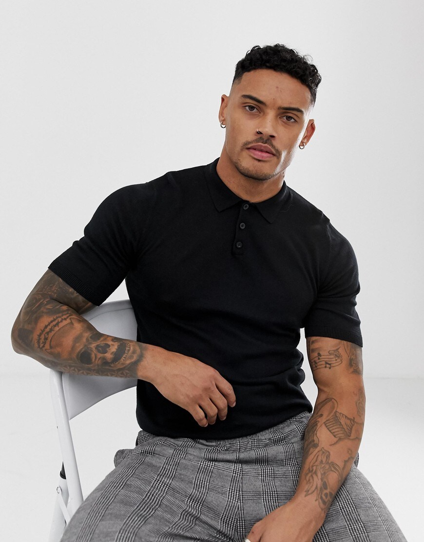 ASOS DESIGN knitted muscle fit polo shirt in black | ASOS Style Feed
