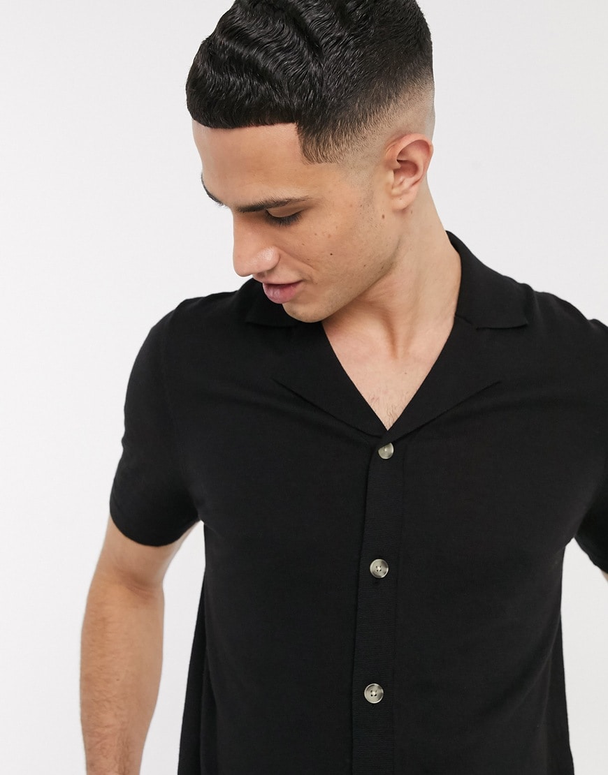 ASOS DESIGN knitted button through polo t-shirt in black | ASOS Style Feed