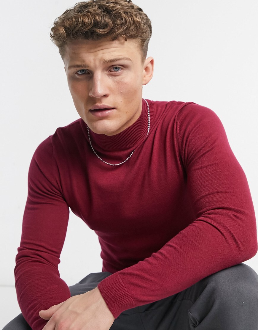 ASOS DESIGN muscle fit turtle neck sweater in raspberry | ASOS Style Feed